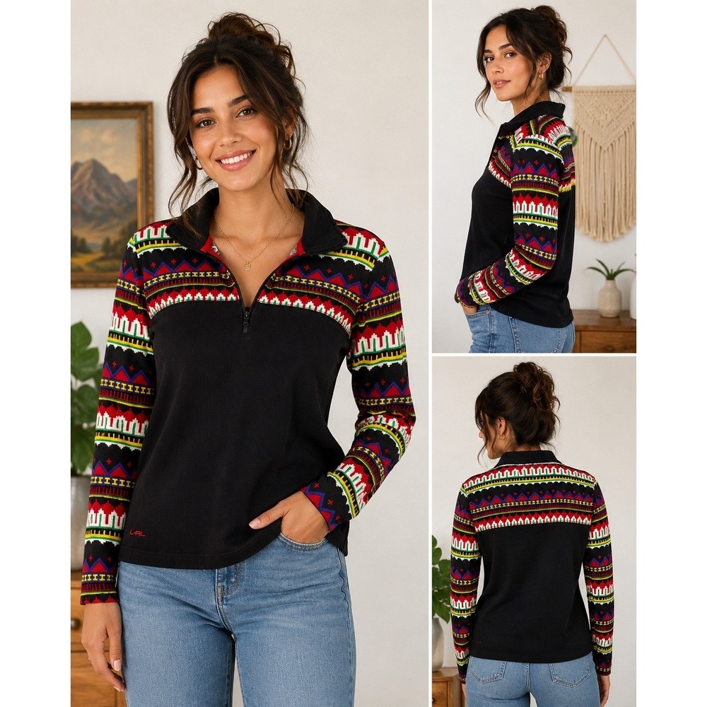Lauren Ralph Lauren Active Womens XL Black Southwestern Waffle Knit 1/4 Zip Top